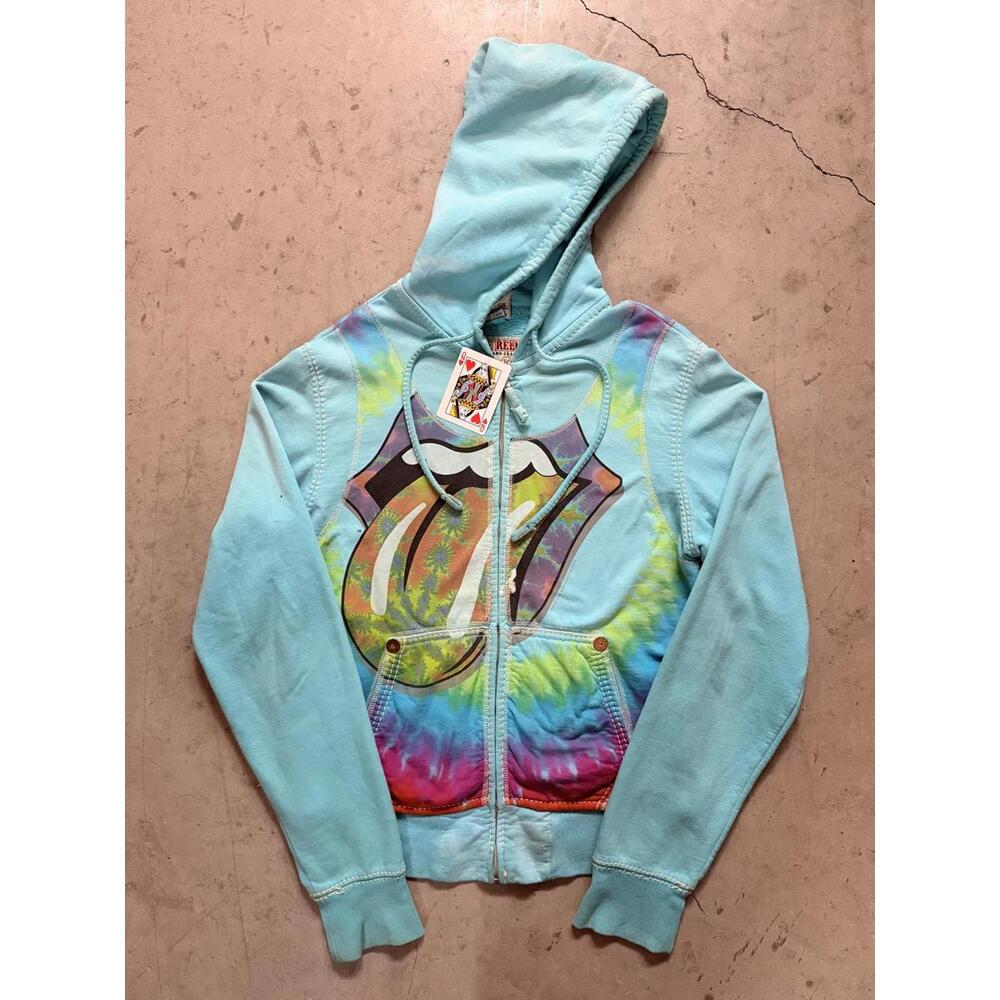 Y2k Rare True Religion Rolling Stones Tie-Dye Zip-Up Hoodie
